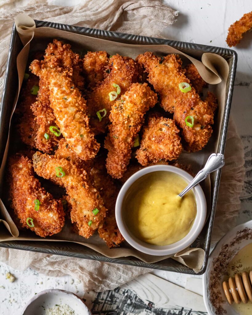 crispy chicken strips with dip sauce, healthy meals