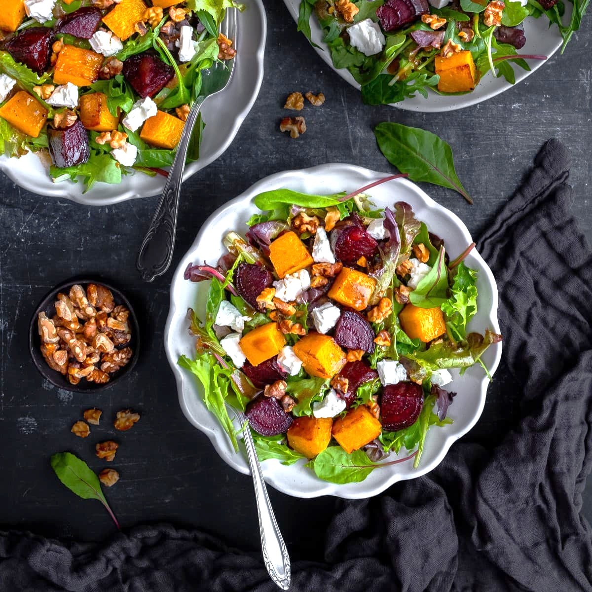 butternut and beetroot salad with walnuts and feta cheese