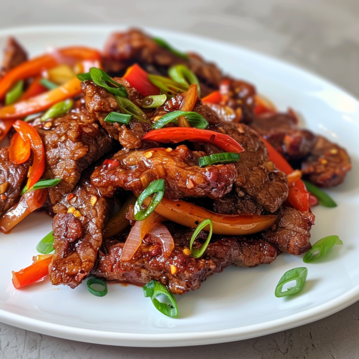 sweet chili beef stir fry with peppers on a white plate