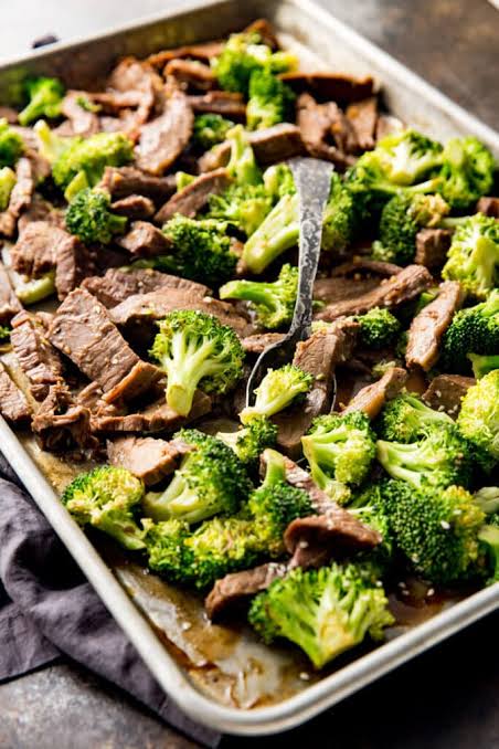 Beef and broccoli in a sheet pan 