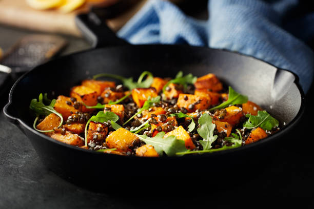 Butternut with delicious lentil  in a pan 