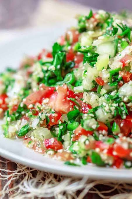 Fresh tabbouleh salad, healthy meals, parsley, tomatoes, vegan tabbouleh 
