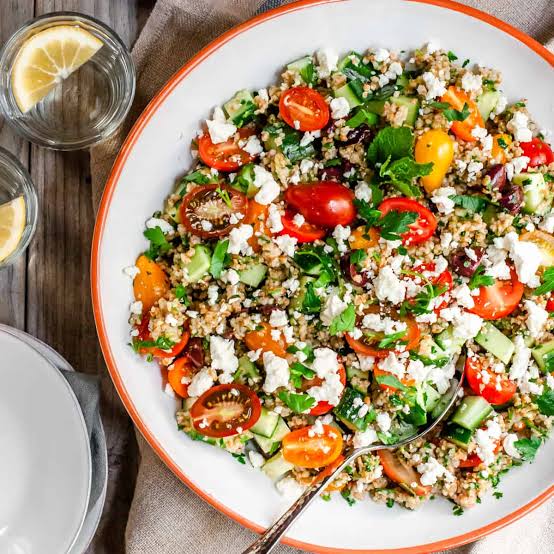 Healthy tabbouleh salad with feta cheese and walnuts. Easy healthy meal ideas
