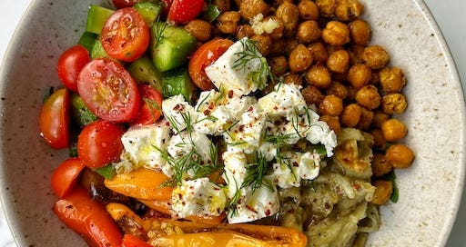 Mediterranean Chickpeas bowl with feta cheese, a healthy meal for easy dinners 