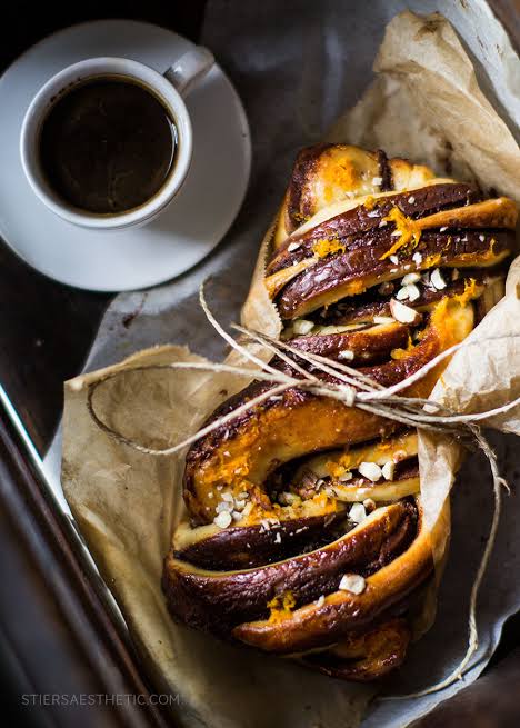 chocolate babka bread with coffee