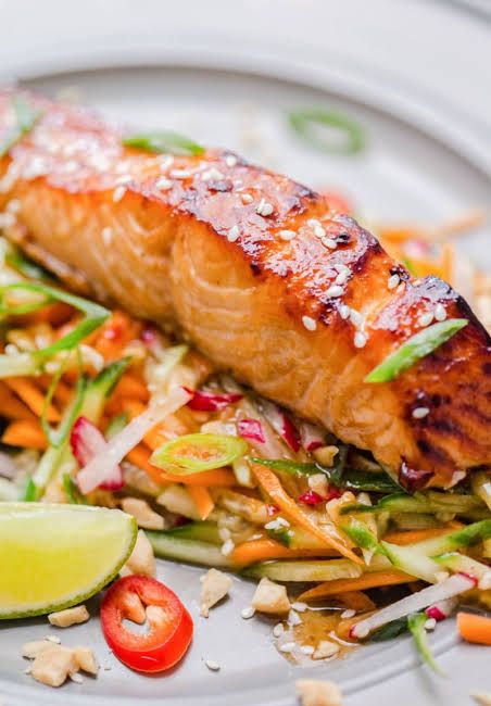 Korean Gochujang Salmon with carrot and cucumber salad 
