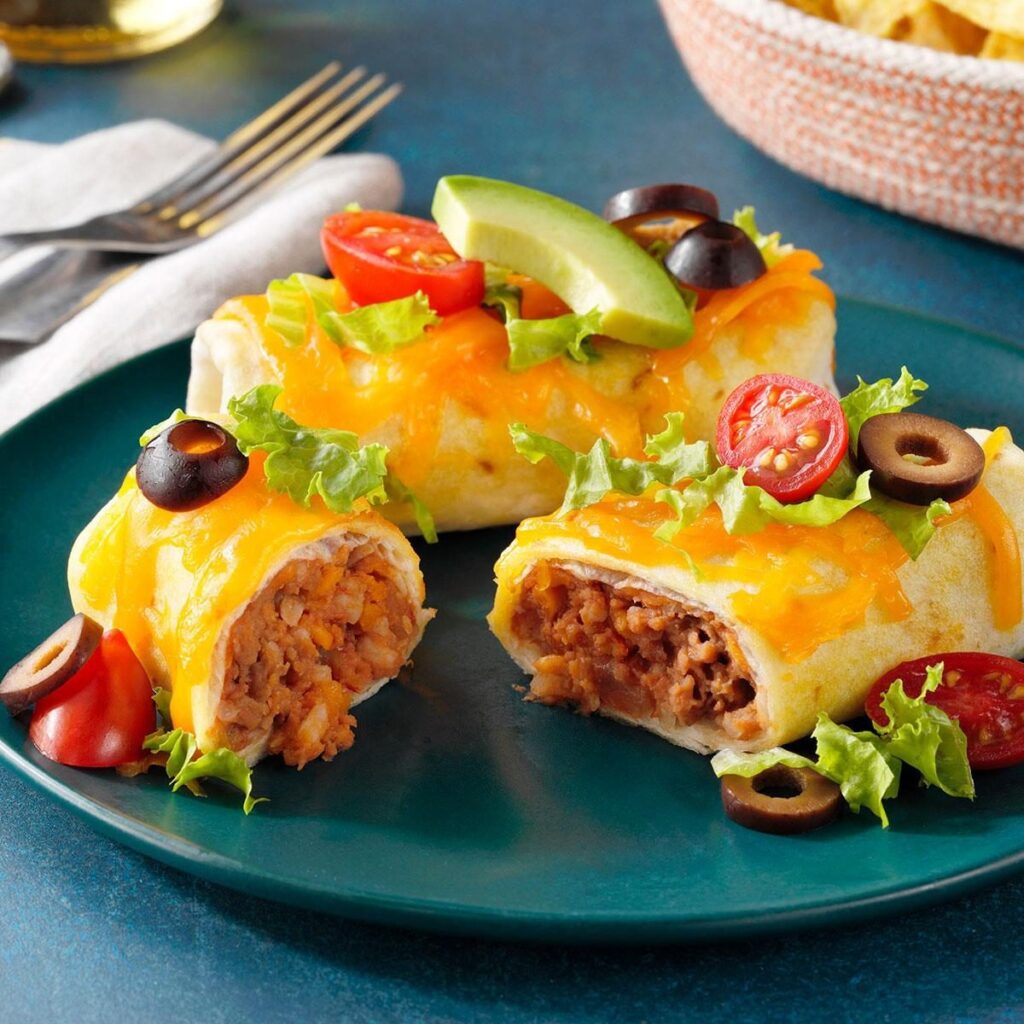 Delicious red beans burrito with cheese, avo and olives. Great for snacks or as a meal. 