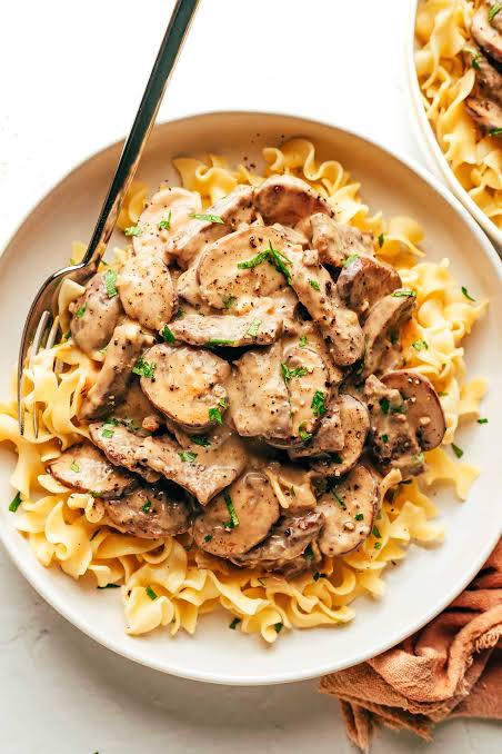 Delicious homemade beef stroganoff with rice 