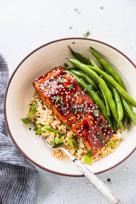 Homemade teriyaki Salmon served with Rice 