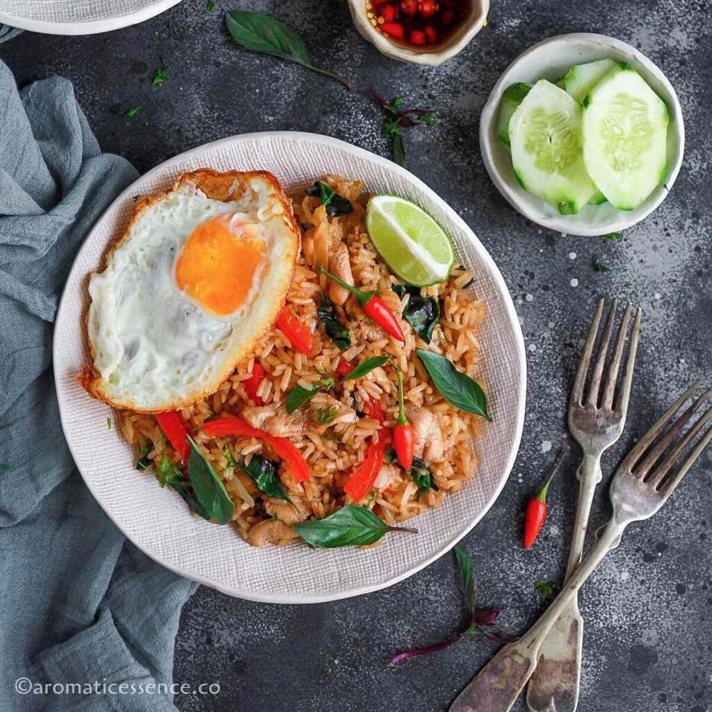 Easy Thai basil chicken with rice and fried egg 