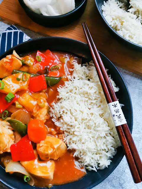 Delicious sweet and sour chicken with rice 